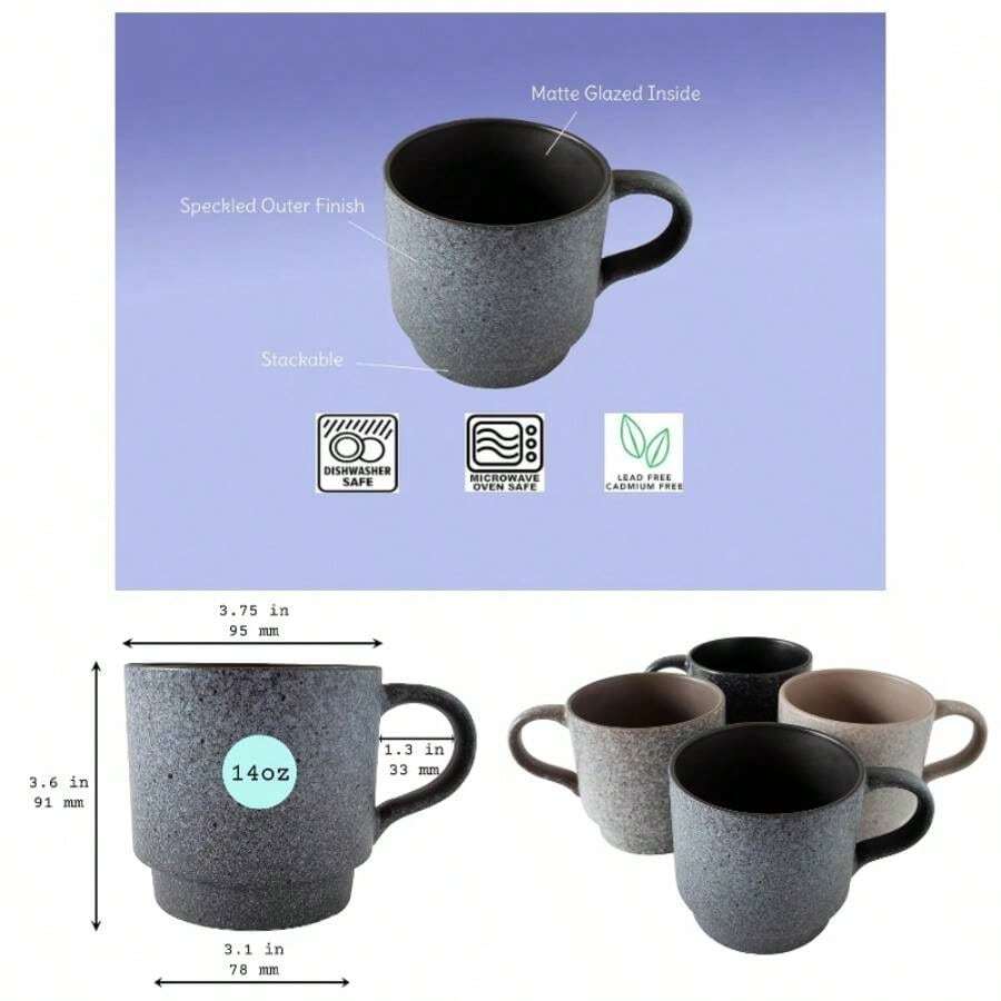 EIQOCCA 14oz Stackable Ceramic Coffee Mugs by, Assorted Colors - Set of 4 Space Saving Durable Stacking Cups with Speckled, Multicolor - Varios colores - Ver 1