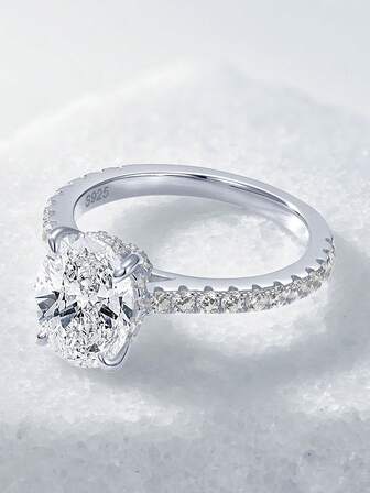 XUJIA 1 pieza Anillo de compromiso de Moissanita de 3CT para mujer, de plata esterlina 925, corte ovalado de Moissanita de 8x10mm, color D, VVS1, con circonita cúbica, anillo de boda, regalo de aniversario, joyería nupcial para ella