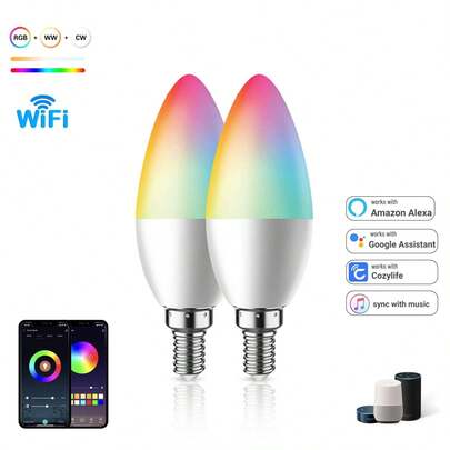 E14 智能 WiFi 灯泡，多色可调光，烛台灯泡，兼容 Alexa 和 Assistant Home App，音乐同步，定时功能，1600 万种 DIY 颜色 RGB 灯泡，色温 2700K-6500K，5W，450 流明，2.4GHz WiFi