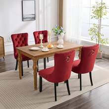 4 Piece Set Velvet Upholstered Dining Chairs, Wingback Side Chairs Button Tufted With Solid Wood Legs For Kitchen,Dining Room. - 酒紅色 - 查看 3