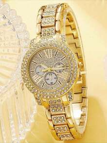 Juego de 6 piezas de joyería para mujer en tono dorado: reloj de cuarzo con rhinestones, pulsera de cadena, collar, aretes, anillo, adecuado para uso diario, viajes, regalo de cumpleaños - Dorado - Ver 3