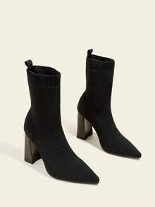 秋冬季 9 厘米粗跟踝靴，黑色，尖头，弹性，舒适，2025 时尚，高跟鞋 - 黑色 - 查看 5