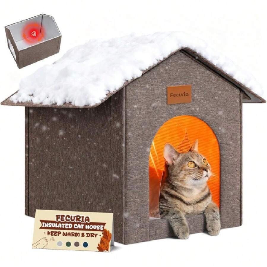 Insulated Outdoor Cat House Weatherproof, Winter Cat Houses For Outdoor Cats With Heated-Foil, Waterproof Stray Cat Shelter With Door Curtain And Warat, Easy To Assemble, Brown,28012848 - 棕色 - 查看 1