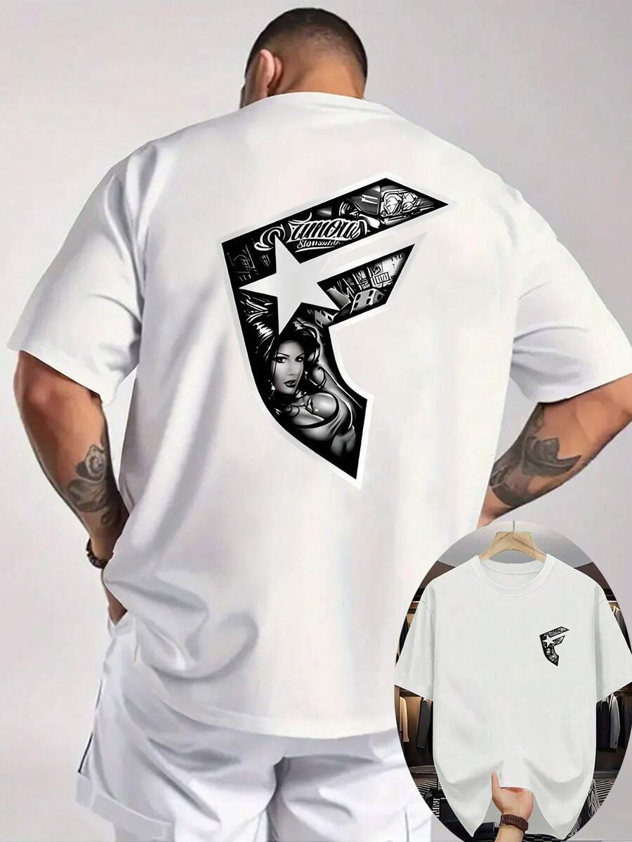 New [Niu Wang Selection] Summer New Men's Casual T-Shirt Ribbed Round Neck Short Sleeve Top, Knitted Fabric, Refreshing And Comfortable, Front And Back Double-Sided Print, European And American Hot , Sexy Girl, Fashion , Suitable For Outdoor Activities Men's Printed Summer T-Shirt Top Shirt - 白色 - 查看 1
