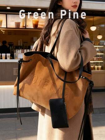 女士高档麂皮手提包，大容量，可拆卸小袋，复古双色字母装饰，实用通勤单肩包