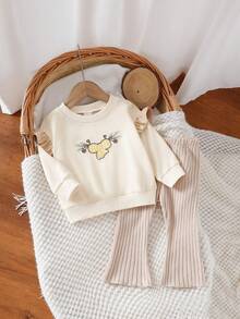 2pcs Baby Girls Casual Outfit Set: Bow Embroidered Round Neck Flutter Sleeve Sweatshirt And Ribbed Jogger Pants, Suitable For Street, Home And Outings - Apricot - View 1
