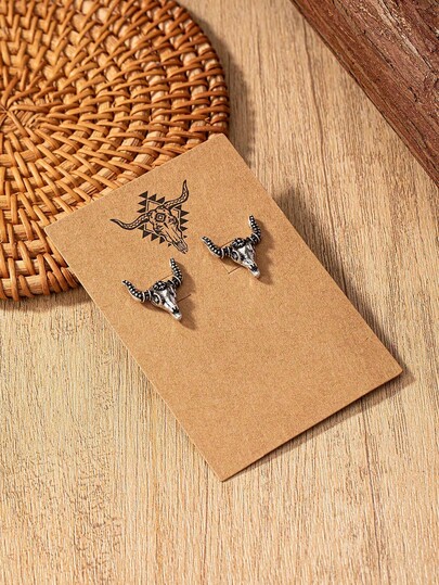 一对复古银色西部西南风格绿松石心形公牛母牛箭头仙人掌设计耳钉