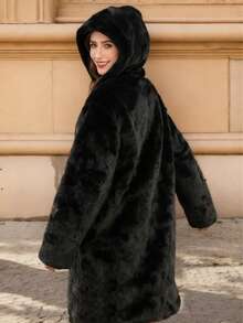 Women's Winter Coats Elegant Women's Black Faux Fur Long Sleeve Midi Coat Featuring A Hood, And Pockets Suitable For Christmas, New Year - Black - View 2