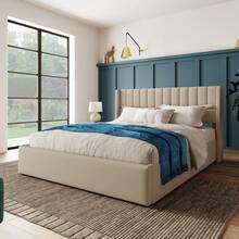 Polsterbed Storage Bed, 180x200cm Hydraulic Double Bed, Wooden Slat Base, Bed With Metal Frame And Slat Base, Linen, Beige - Beige + Linen + 160cm*200cm - 查看 2