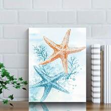 1pc Starfish Ocean Coastal Canvas Wall Art Print, Watercolor Marine Sea Life Home Decor For Living Room Bathroom, Beach Theme Stretched Artwork For Bedroom - 彩色 - 查看 2