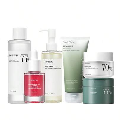 鱼腥草净化修护六件套，包含卸妆油、洁面乳、爽肤水、卸妆棉、保湿面霜和精华液，深层清洁，疏通毛孔，舒缓修护，精准淡化色斑，提亮整体肤色，适合所有肤质。