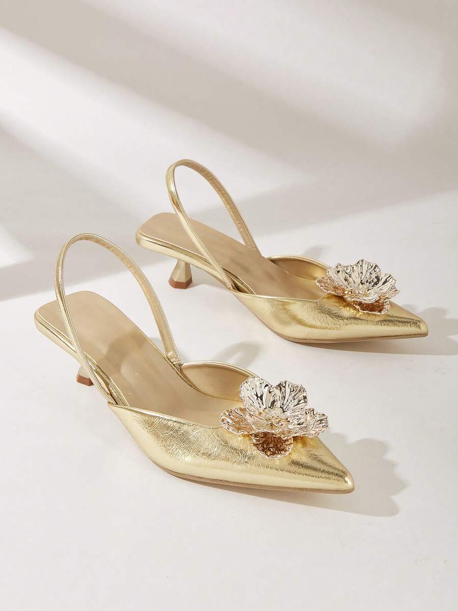女士独特金色尖头露跟鞋，百搭优雅派对风舒适奢华高跟鞋，饰有花卉图案和后跟带，小猫跟鞋 - 金色 - 查看 1