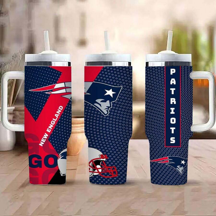 1pc 40oz Tumbler With Lid And Straw - Insulated Cup - Travel Coffee Mug - Graphic New England American Football Design - Ideal For Father's Day, Thanksgiving, Christmas - Great For Office, Daily Commute, Car - Gift For Family, Friends, Colleagues, Classmates - 40oz - Xem 1