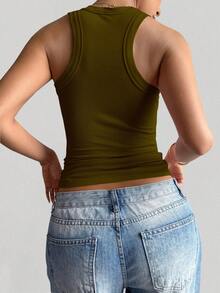 GAOVOT Áo thun nữ cổ vuông, kiểu dáng Y2K, gợi cảm, cơ bản, thường ngày, thể thao, mặc nhà. - Màu xanh Ô liu - Xem 2