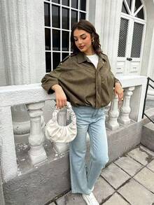 Women's Regular Faux Suede Long Sleeve Single Breasted Loose Casual Jacket, For Spring, Women's Pocket Metal Button Short Military Green Jacket Suitable For Spring And Autumn