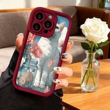 Cubierta de teléfono con borde negro diseño de gato blanco con flores y tarro de cristal con galletas para iPhone 14 Pro Max estilo artístico elegante para uso diario y regalo - Burdeos - Ver 7