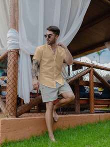Men's Short-Sleeve Shirt With Mandarin Collar And Linen-Look - Assorted Colors - Comfortable - Beige - View 5
