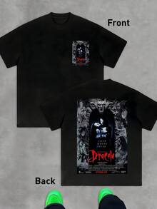 A Somber Figure Surrounded By Creatures Carved In Stone Evokes The Struggle Between Eternal Love And Darkness, Displaying Intensity And Mystery In Every Detail. Men's T-Shirt, Double-Sided, 100% Cotton, 220g - 黑色 - 查看 1