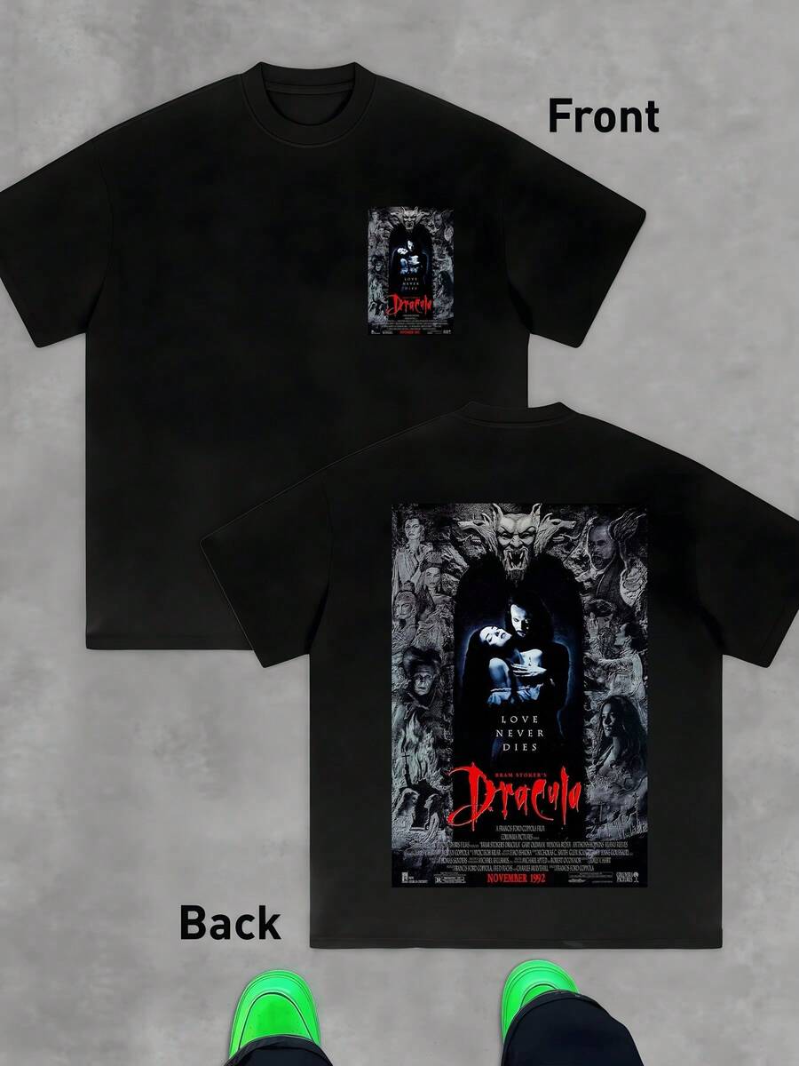 A Somber Figure Surrounded By Creatures Carved In Stone Evokes The Struggle Between Eternal Love And Darkness, Displaying Intensity And Mystery In Every Detail. Men's T-Shirt, Double-Sided, 100% Cotton, 220g - 黑色 - 查看 1