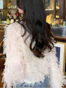 2025 Autumn New Korean Versatile Fringe Long Sleeve Lace Shirt Women's Top - Apricot - View 3