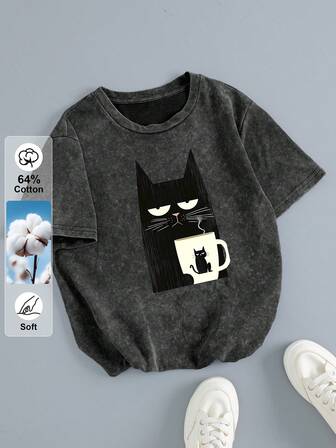 Dam Plus Size Retro T-shirt med svart katt och beige kupa (med kattmönster) Mönstertryck, Avslappnad kortärmad rund hals T-shirt, Lämplig för dagligt bruk, Lämplig för sommarresor, Tvättad textur, T-shirt med grafiskt tryck