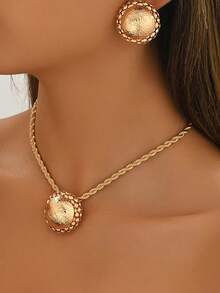 3pcs Geometric Circle Pattern Metal Chain Circle Stud Earrings & Pendant Versatile Jewelry Set - Yellow Gold - View 3