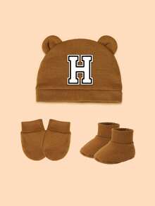 3件套新生儿礼盒，包含1顶白色经典字母装饰婴儿帽、1副防抓手套、1双连体衣，男女宝宝均可佩戴，时尚个性，适合节日、新生儿礼物和日常穿着。 - 咖色 - 查看 22