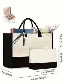 Custom Linen Tote Bags With Cosmetic Bag And Water Bottle, Letter Print Shoulder Bags, Women's Casual Tote Bags, Shopping Bags And Gift Bags, Canvas Tote Bags With Shoulder Straps, With Cosmetic Bag, Large Capacity Printed Tote Bags, Personalized Gift Bags, Women's Large Capacity Tote Bags, Graduation Gifts, Letter Print Fashion Tote Bags. - Multicolor - View 3