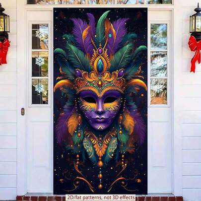 2D flaches Türbanner 1 Stück, lebendige venezianische Maske, verziert mit Federn und Edelsteinen, perfekt für Karnevalsparty Hintergründe, Raum- und Heimdekoration, festliche Wandkunst | Lebendige Designs | Strapazierfähige Party Banner, Party Dekorationen
