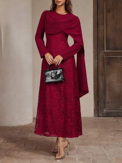 女士优雅酒红色垂褶蕾丝细节圆领长袖连衣裙，正式派对礼服，适合情人节约会、下午茶聚会等场合