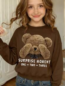 1PC Girls Cute & Playful Bear Print Crew Neck Sweatshirt, Soft & Comfortable, Spring & Autumn Daily Casual Wear - Coffee Brown - View 1