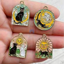 Sun And Moon Cat Charm For Jewelry Making, Enamel Necklace Earring Pendant, Diy Supplies Craft Accessories, Cat Animal Alloy Enamel Pendant Accessories Charms For Women, Key Chain/ Earrings/Necklace Pendant Handmade DIY Jewelry - Gold - View 9