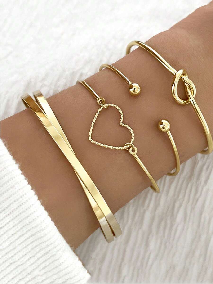 Set de 4 piezas de brazaletes y pulseras abiertas con encantos geométricos para mujeres, pulsera de brazalete con nudo en forma de corazón, regalo de joyería
