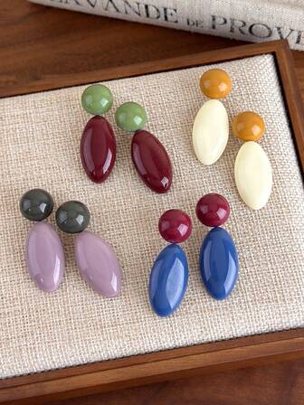 1 pieza Pendientes de gota de agua de resina con bloqueo de color retro, nuevos pendientes de lujo exquisitos y únicos para mujer, otoño/invierno 2025