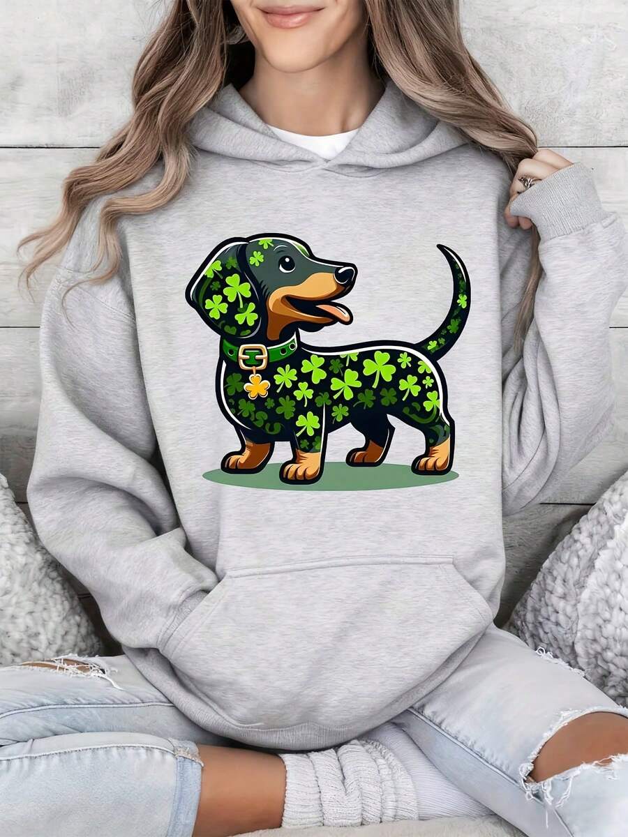 Cute Dachshund Dog Hoodie Gray St Patrick's Day Clover Pattern Casual Wear For Women And Girls - Grey - View 1