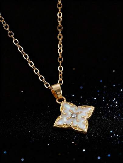 1pc Fashion Golden Necklace For Women Dainty Pendant Necklace, Adjustable Chain Choker Charm Leaf Pendant Lucky Necklaces For Women Jewelry Gift