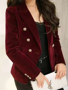 Áo khoác blazer nhung hai hàng khuy tay dài thanh lịch dành cho nữ, Thu/Đông - Màu Đỏ Sâu - Xem 3
