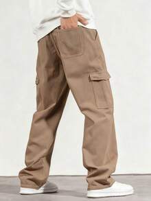 1 件青少年男孩复古休闲简约牛仔效果口袋工装裤，春夏秋冬 - 卡其色 - 查看 5
