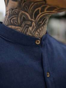 Men's Short-Sleeve Shirt With Mandarin Collar And Linen-Look - Assorted Colors - Comfortable - Navy Blue - View 9
