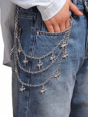 1 pieza Cadena de pantalón con estrella brillante de moda, cadena de cintura multicapa de metal, cadena de pantalón versátil adecuada para uso diario