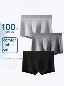 3pcs/Pack Men's Breathable Cotton Solid Color Boxer Briefs, Comfortable Sports Plus Size Trunks - Multicolor - View 1