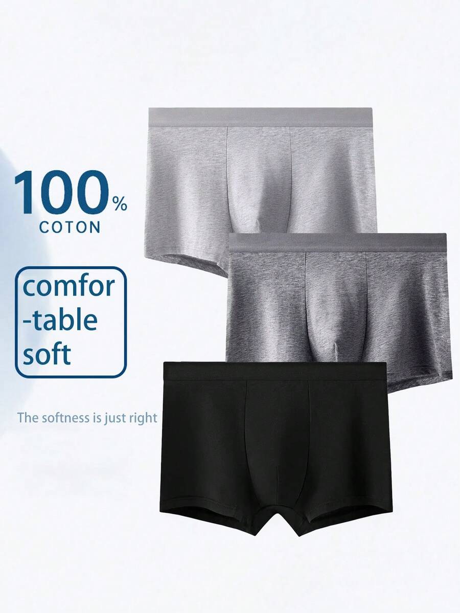 3pcs/Pack Men's Breathable Cotton Solid Color Boxer Briefs, Comfortable Sports Plus Size Trunks - Multicolor - View 1
