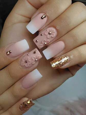 Upgrade Your Nail Style With 24pcs Medium-Length Champagne-Colored Floral Printed 3D Design False Nails With Glitter Effect And Rhinestone Decoration, Suitable For Sweet And Elegant Casual Looks.