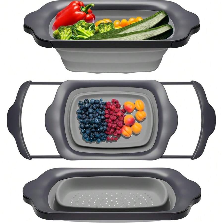 XL Large Kitchen Strainer By - Collapsible Over-The-Sink Colander With Extendable Handles - Use With Pasta, Fruit, Berries & Veggie - 6 Quart - Red - Xám - Xem 1