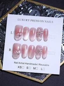 10pcs Oval Short Glossy Silk Cat Eye Blush Pink 100% Handmade Press On Nails French Nail Art Design Hand Drawn Flower Nail Decoration False Nails Reusable Long Lasting Fake Nail Tips For Bride Party Handmade Press On Nails - Pink - View 14