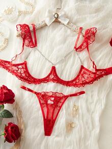 性感红色刺绣心形镂空内衣套装，包含可调节肩带文胸和配套内裤 - 紅色 - 查看 1