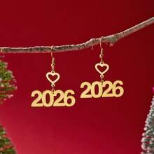 1 Pair Women's Stainless Steel Hollow 2026 New Year Celebration Earrings, Elegant Gold Color