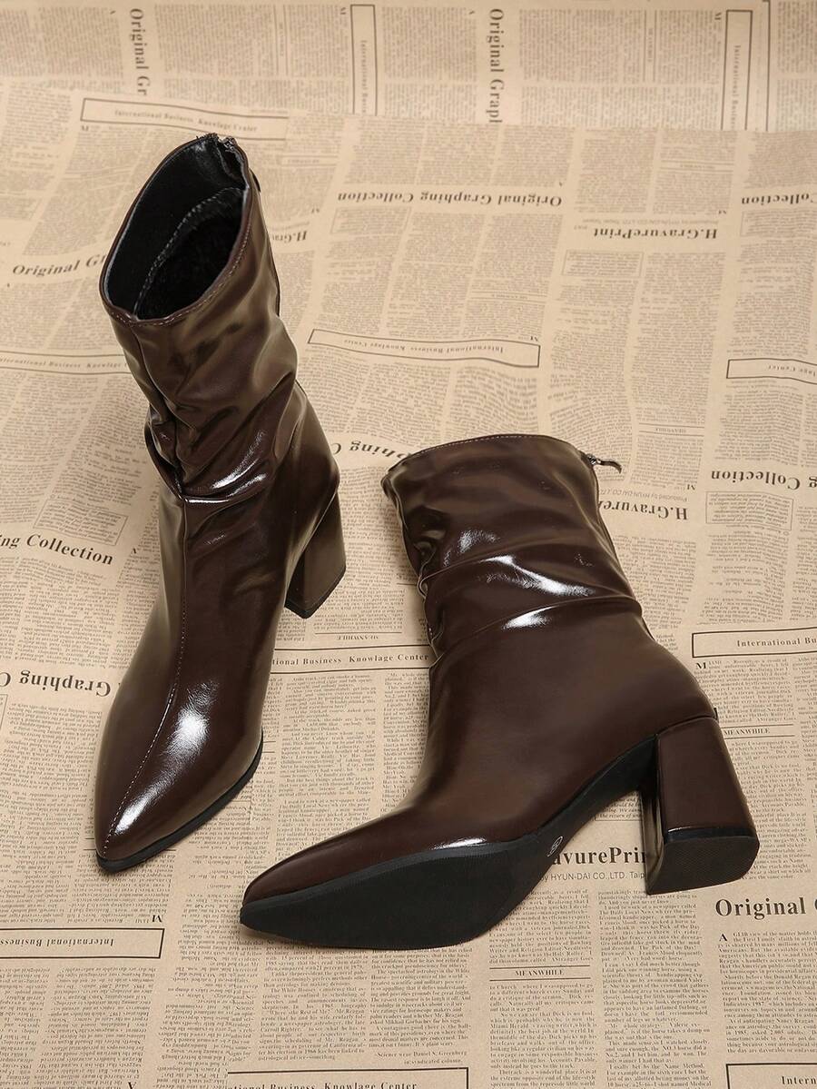 Giày bốt cổ ngắn gót chunky kiểu Pháp thời thượng cho nữ, mẫu thu đông 2025, giày cao gót buộc dây mới, màu đỏ tía. - màu nâu - Xem 1