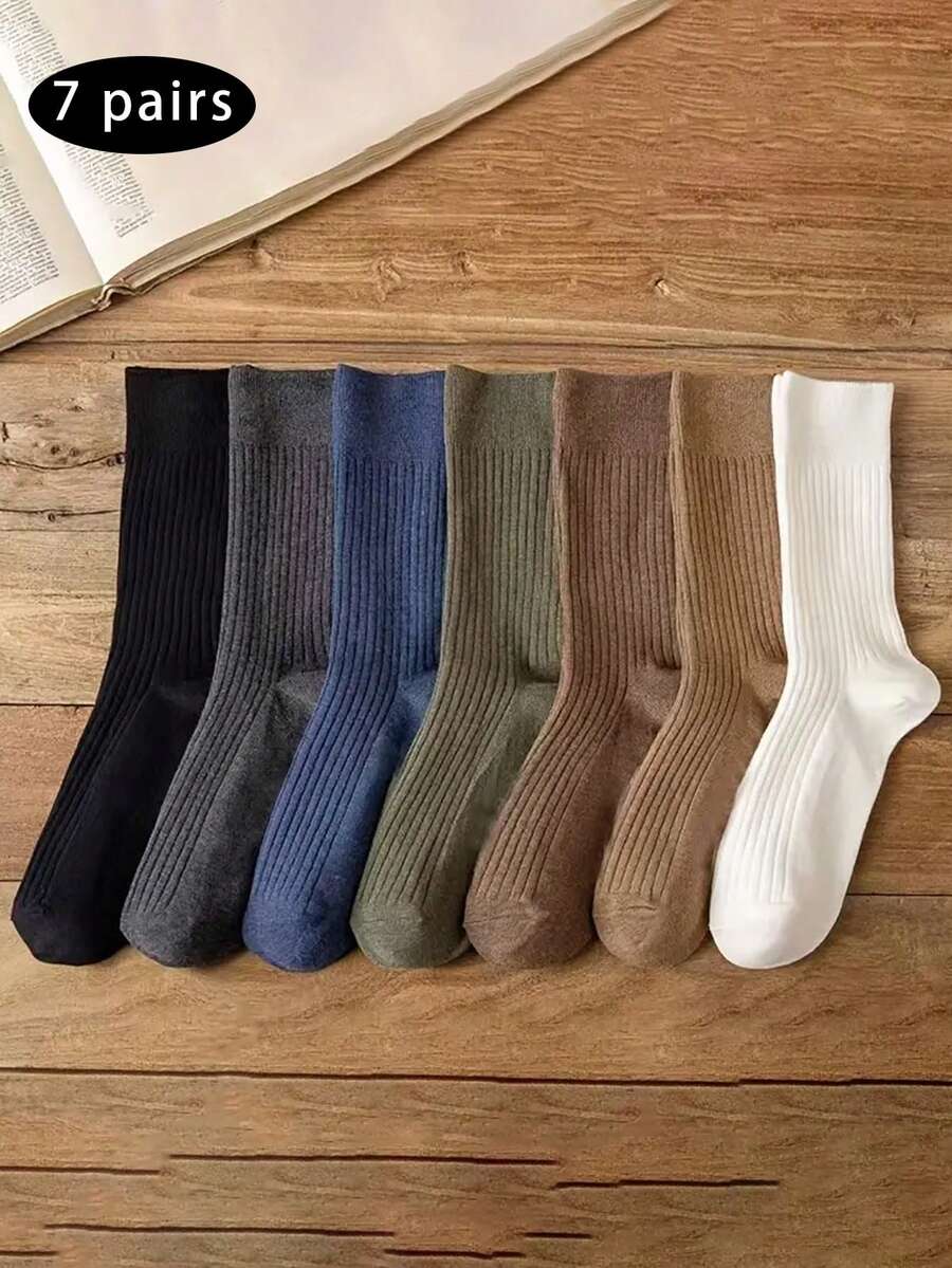 7 أزواج من جوارب الأعمال ذات اللون الأحادي المتنفسة للرجال، جوارب أساسية عملية للاستخدام اليومي والأزياء العصرية
