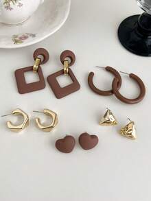 5pcs/Set Fashion Minimalist Heart Shaped Hollow Dangle Earrings Set Valentines,Mom,Mother,Mother's Day,Gift - A Style - View 14